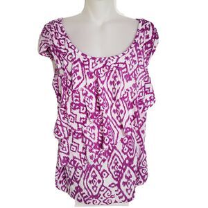 I.N. Studio Womens Top Medium Knit Tiered Ruffled Blouse Short Cap Sleeve Purple